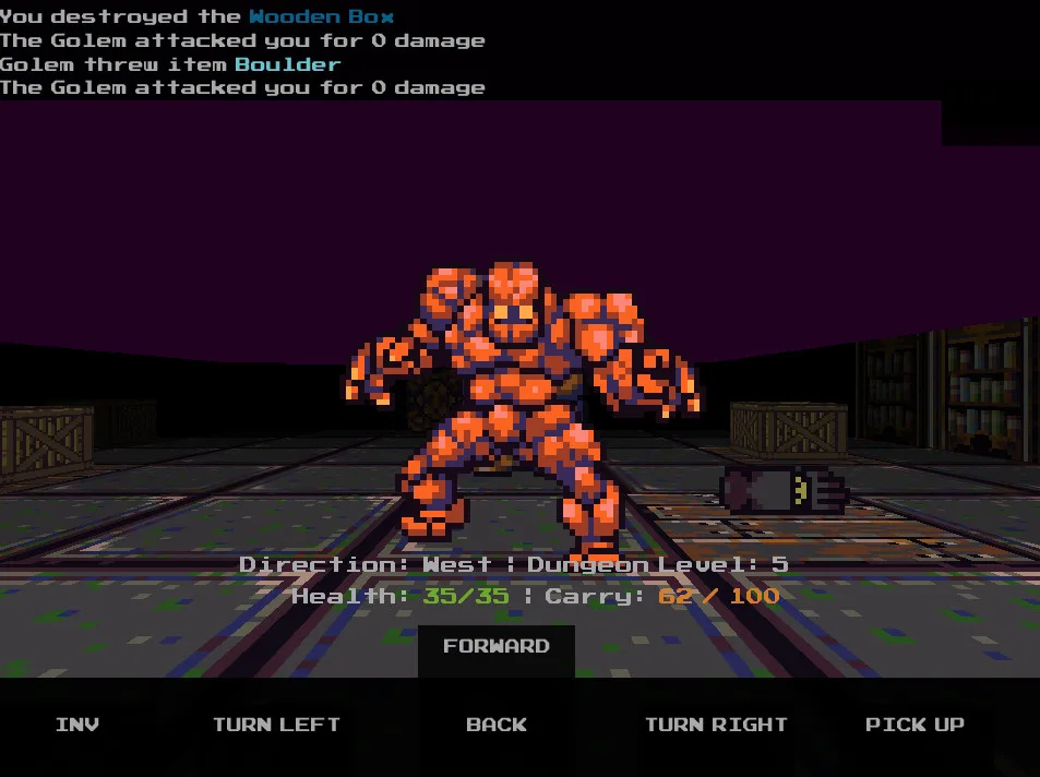 An orange stone golem confronts the player in Ebony Spire: Heresy.