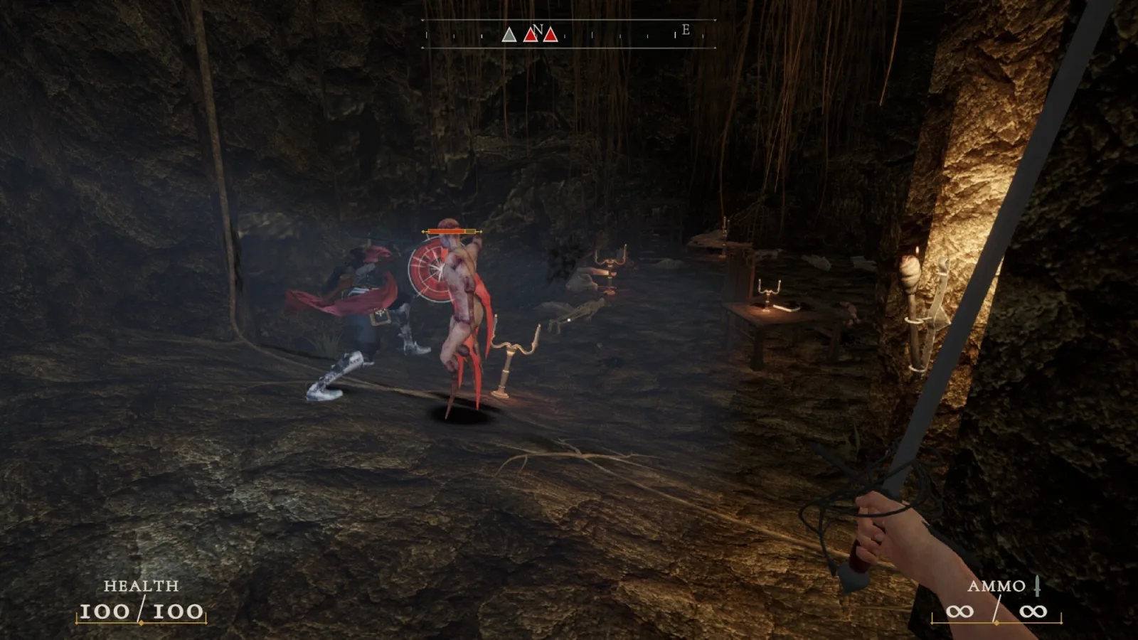 First-person cave combat beside an armored companion in Night Cart.