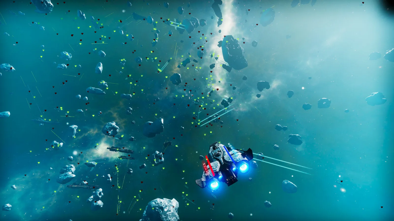 A blue-engine spacecraft flies through a vast asteroid battle in Space Mercs.