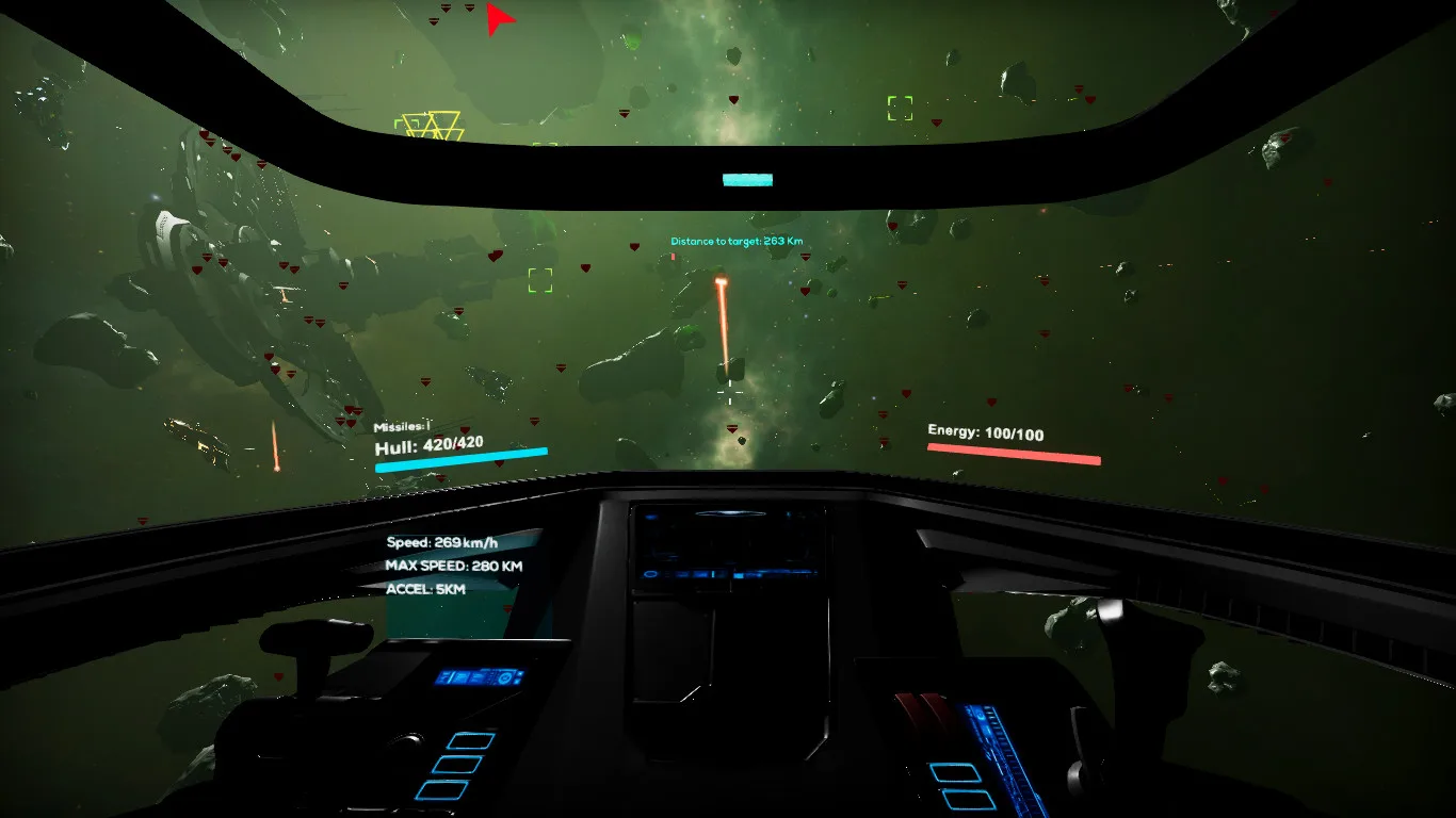 A cockpit view of an asteroid-field battle in Space Mercs.